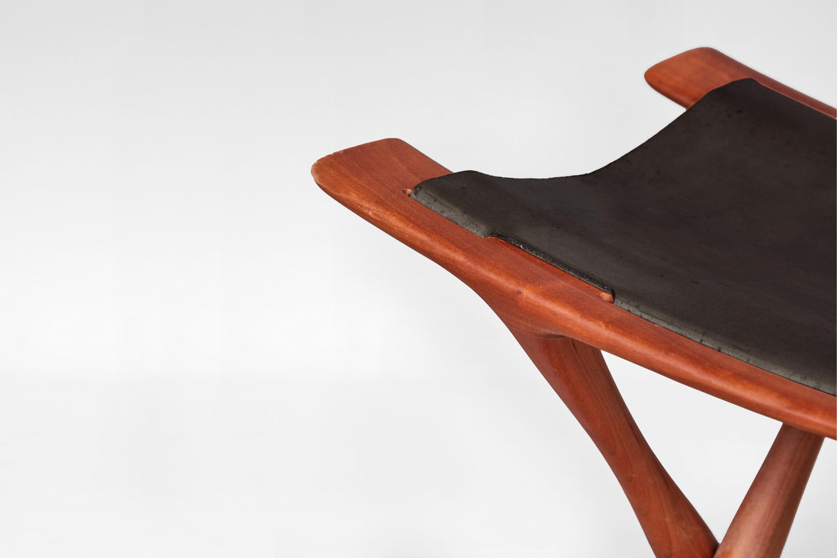 Egyptian Stool in Black Leather & Teak by Ole Wanscher for PJ Møbler, 1950s