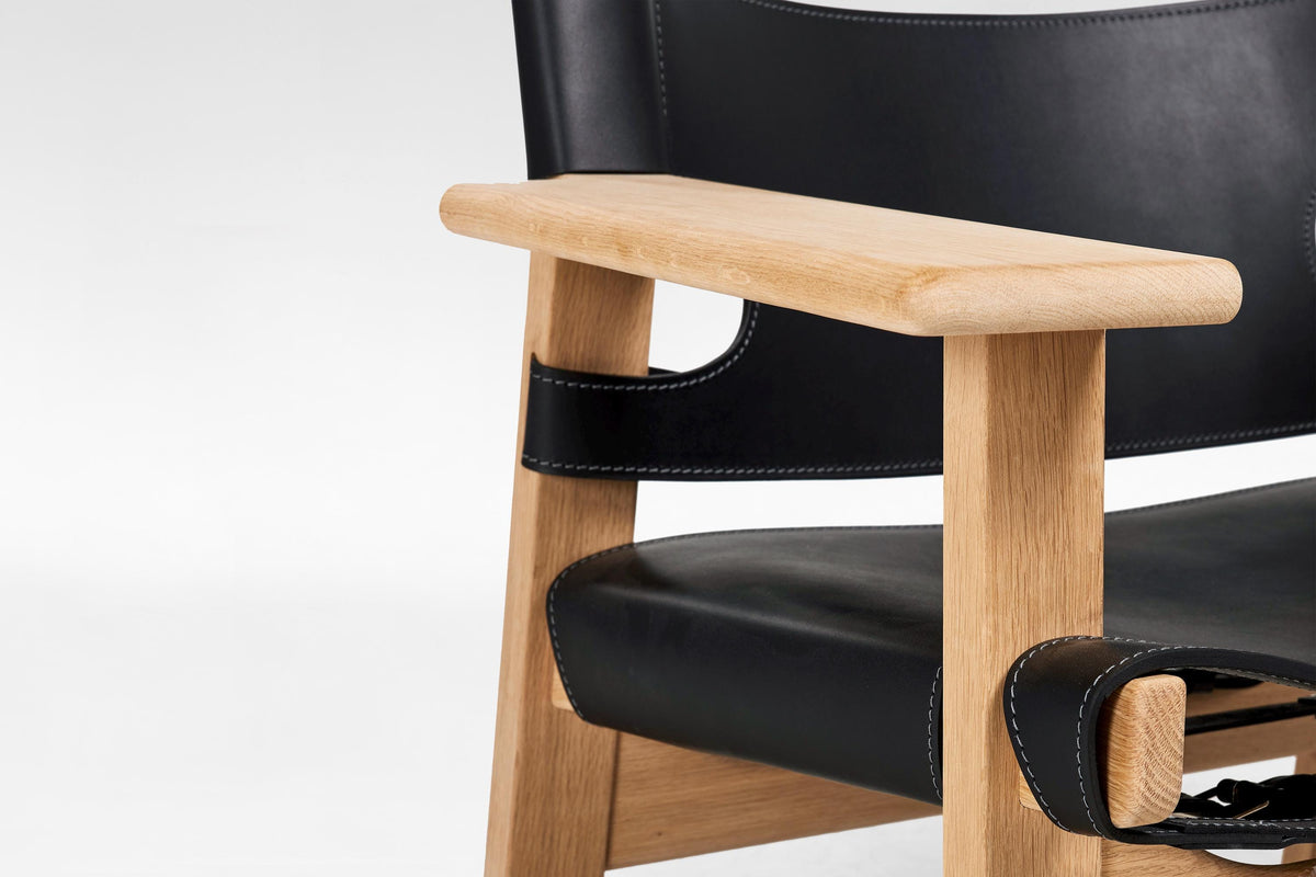 Spanish Chair in Oak & Black Leather by Børge Mogensen for Fredericia Stolefabrik, 1960s