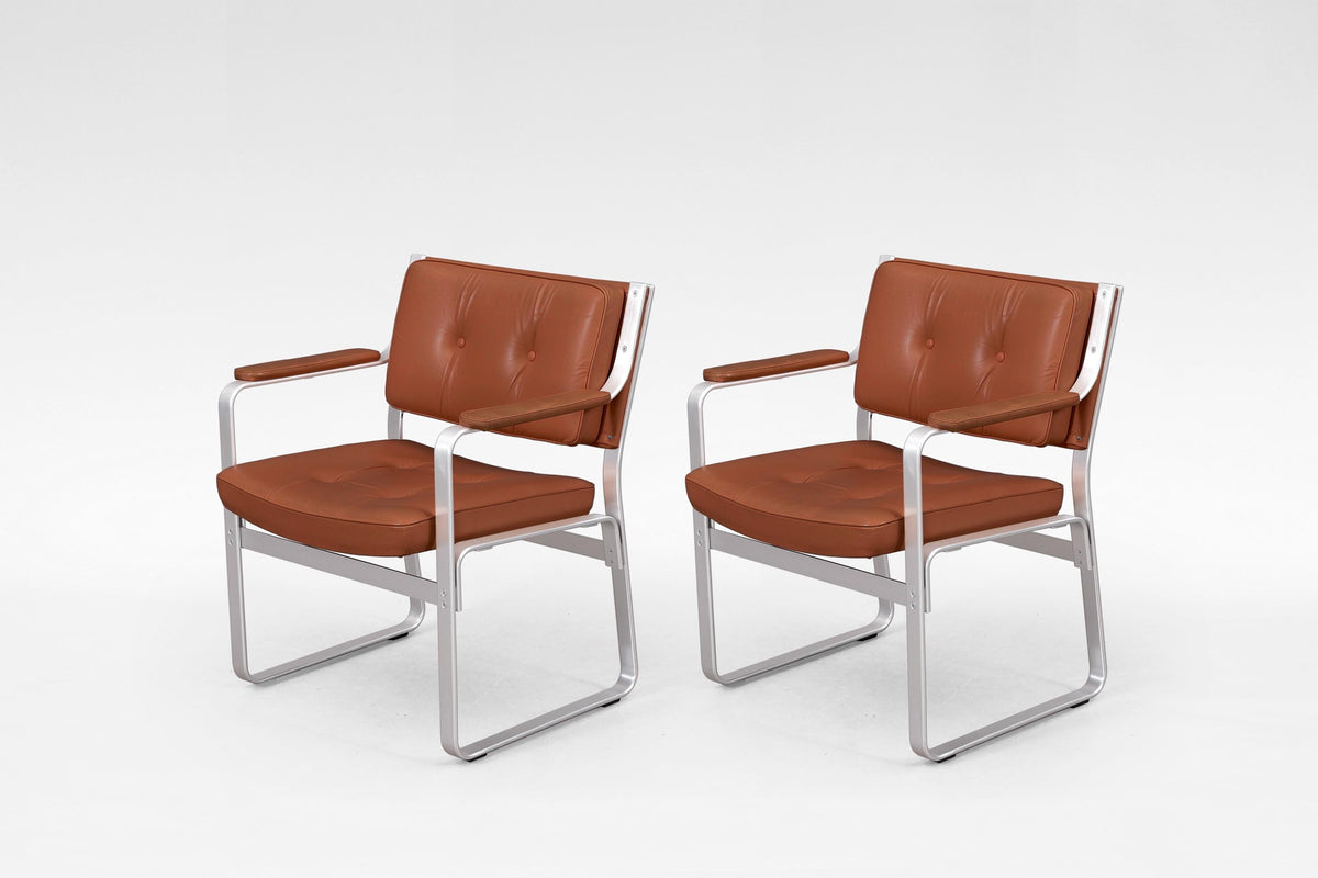 Mondo Armchairs in Cognac Leather and Aluminum by Karl Erik Ekselius for JOC Vetlanda, 1970s, Set of 2
