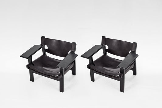 Spanish Chairs in Black Oak & Saddle Leather by Børge Mogensen for Fredericia, 1958, Set of 2