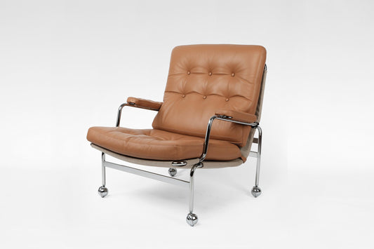 Vintage Cognac Leather Chrome Plating Karin Lounge Chair On Casters Bruno Mathsson DUX 1960s Scandinavian Mid Century Modern Furniture Icon