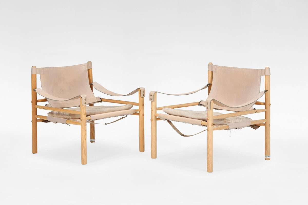 Scirocco Safari Lounge Chairs in Beige Leather & Ash by Arne Norell for Arne Norell AB, 1960s, Set of 2