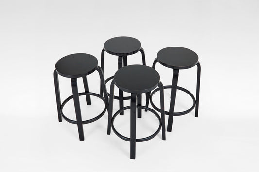 Model 64 Bar Stools in Black Painted Plywood by Alvar Aalto for Artek, 1930s, Set of 4