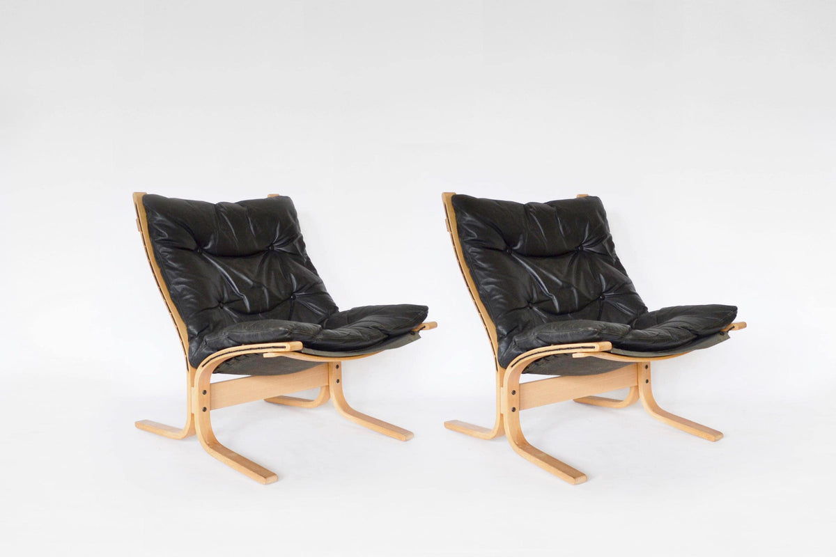 Siesta Lounge Chairs in Black Leather & Bent Plywood by Ingmar Relling for Westnofa 1970s, Set of 2