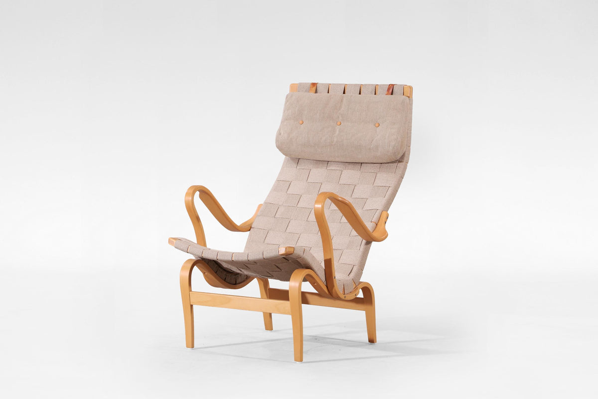 Pernilla Lounge Chair & Ottoman in Canvas & Bent Plywood by Bruno Mathsson for DUX, 1960s