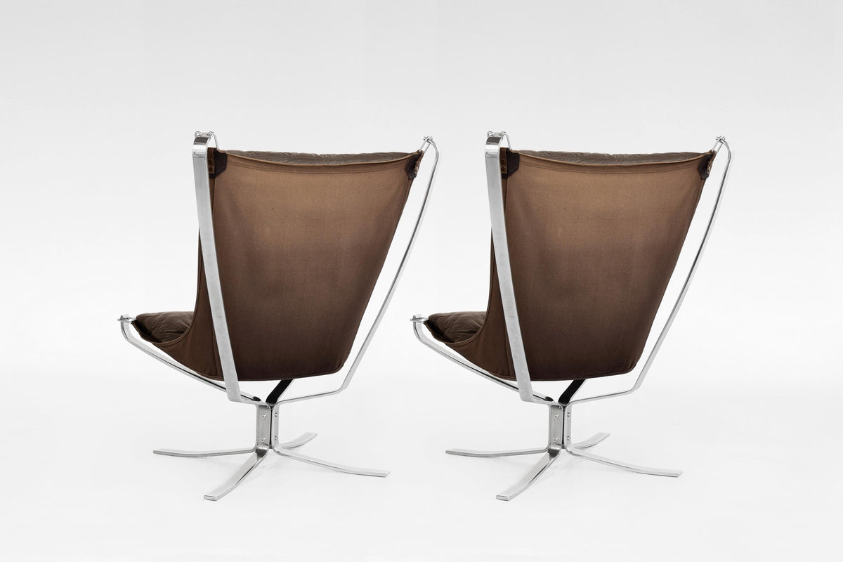 Highback Falcon Lounge Chairs in Brown Leather & Chrome by Sigurd Ressell for Vatne Møbler, 1970s, Set of 2