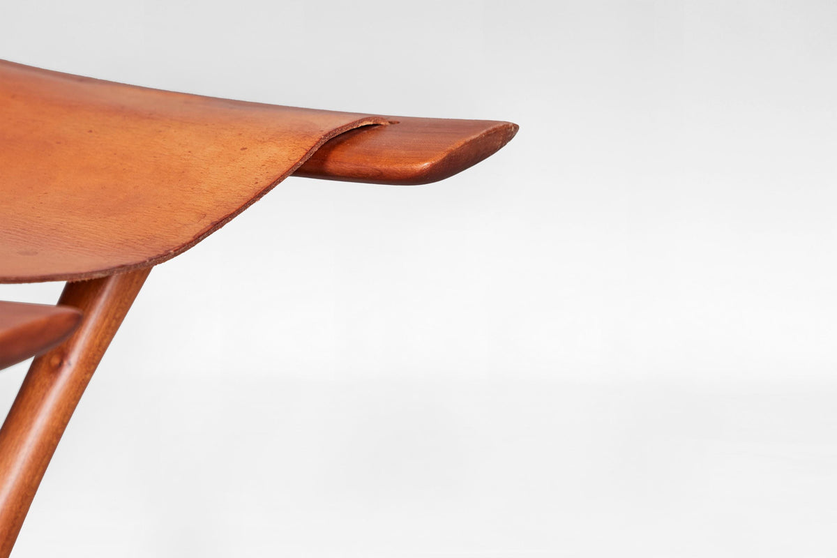 Egyptian Stool in Cognac Leather & Teak by Ole Wanscher for PJ Møbler, 1950s