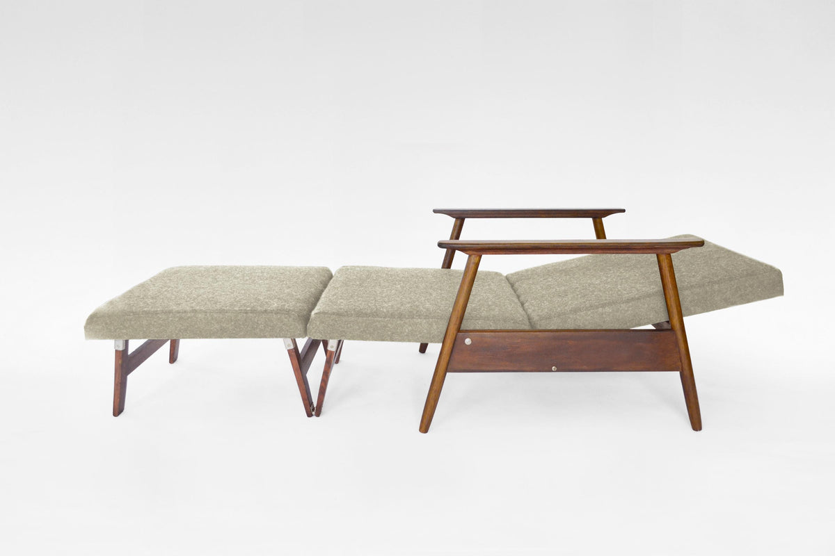 Azuolas Convertible Sleeping Armchair In Warm Grey Felt & Oak by V.E. Cukermaniene for VBK, 1970s