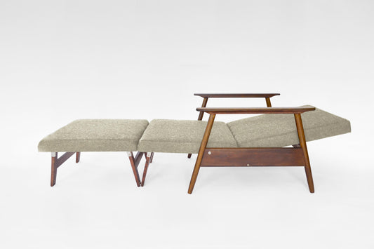 Azuolas Convertible Sleeping Armchair In Warm Grey Felt & Oak by V.E. Cukermaniene for VBK, 1970s