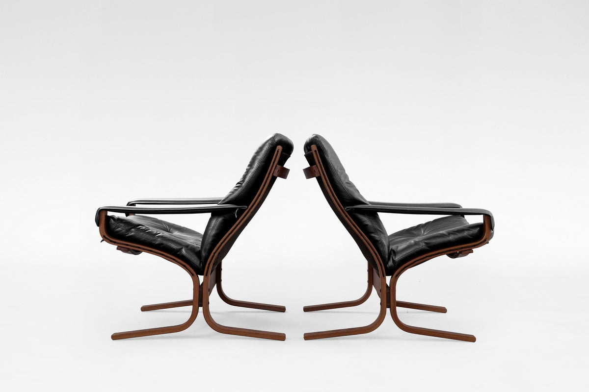 Siesta Lounge Chairs in Black Leather & Plywood by Ingmar Relling for Westnofa, 1960s, Set of 2