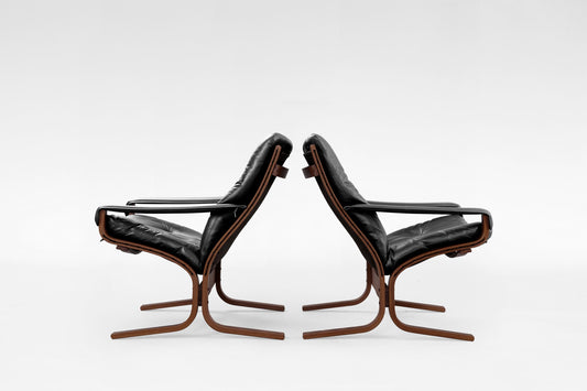 Siesta Lounge Chairs in Black Leather & Plywood by Ingmar Relling for Westnofa, 1960s, Set of 2