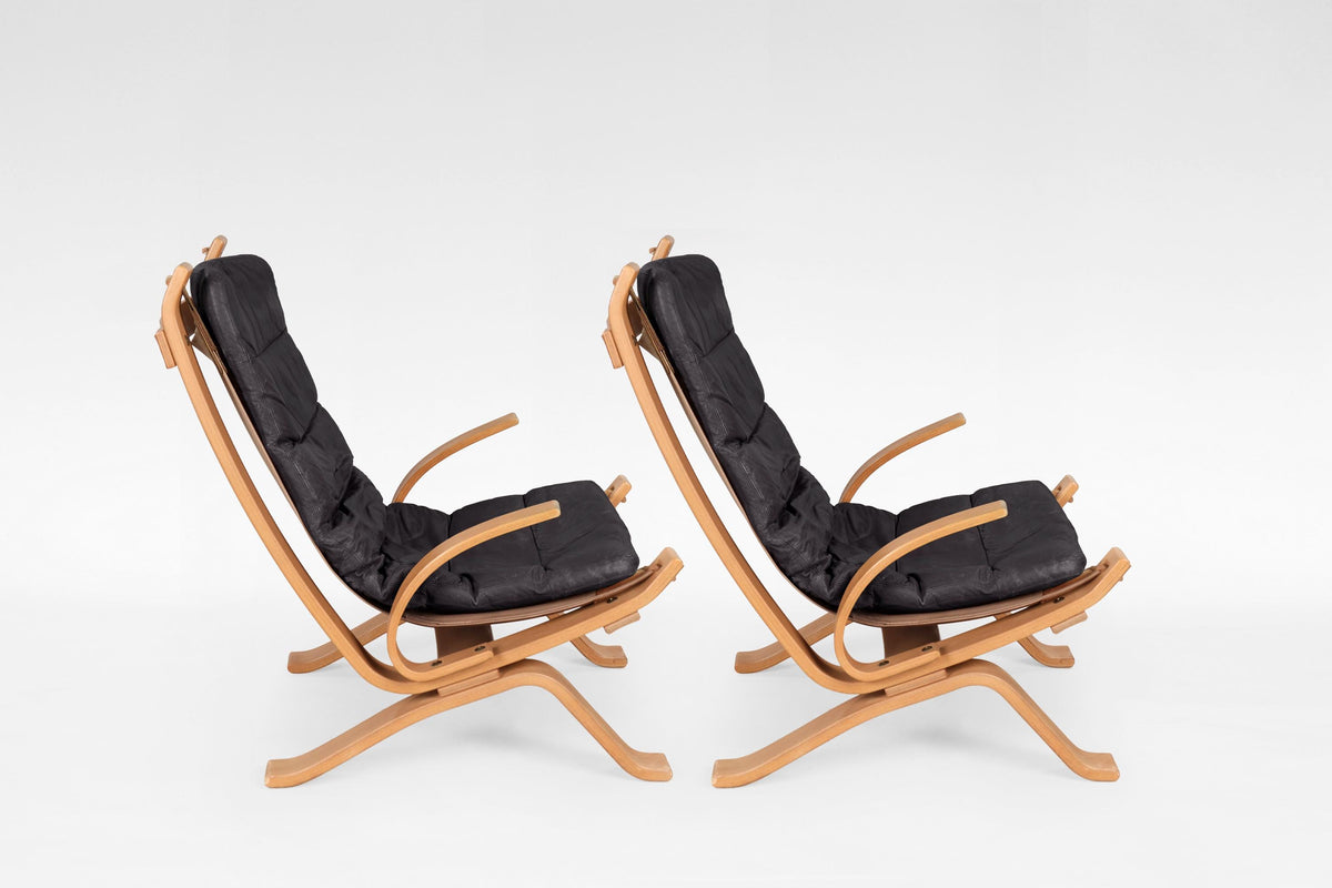 Focus Sling Lounge Chairs in Dark Brown Leather & Bent Plywood by Bramin Møbler, 1970s, Set of 2