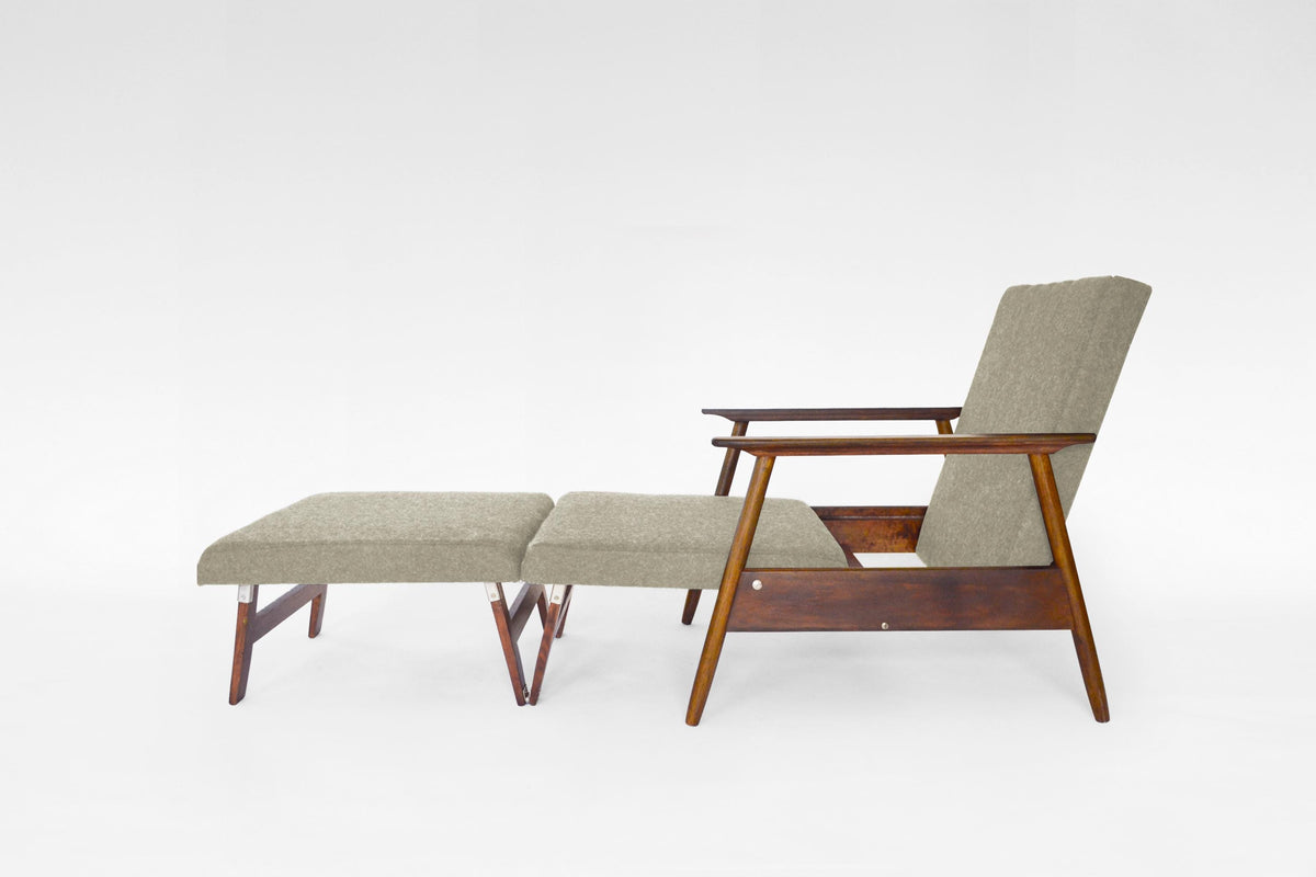 Azuolas Convertible Sleeping Armchair In Warm Grey Felt & Oak by V.E. Cukermaniene for VBK, 1970s