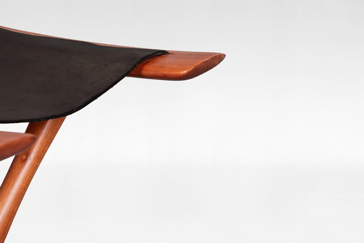 Egyptian Stool in Black Leather & Teak by Ole Wanscher for PJ Møbler, 1950s
