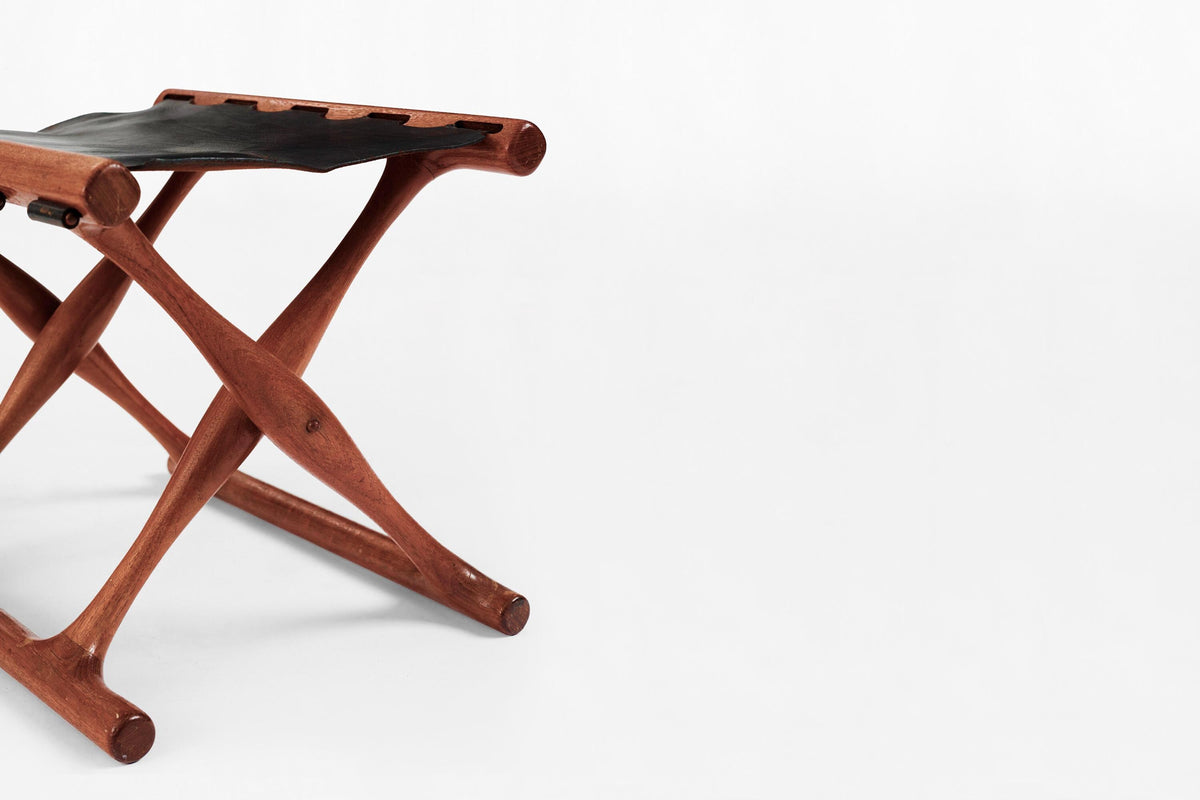 Guldhøj Folding Stool in Teak & Black Leather by Poul Hundevad for Hundevad & Co., 1950s
