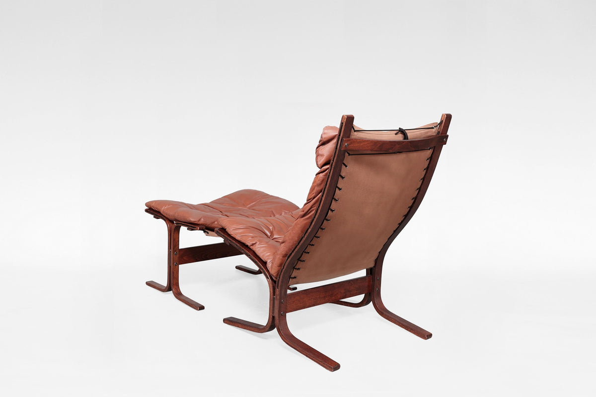 Siesta Lounge Chair & Ottoman in Cognac Leather & Plywood by Ingmar Relling for Westnofa, 1970s