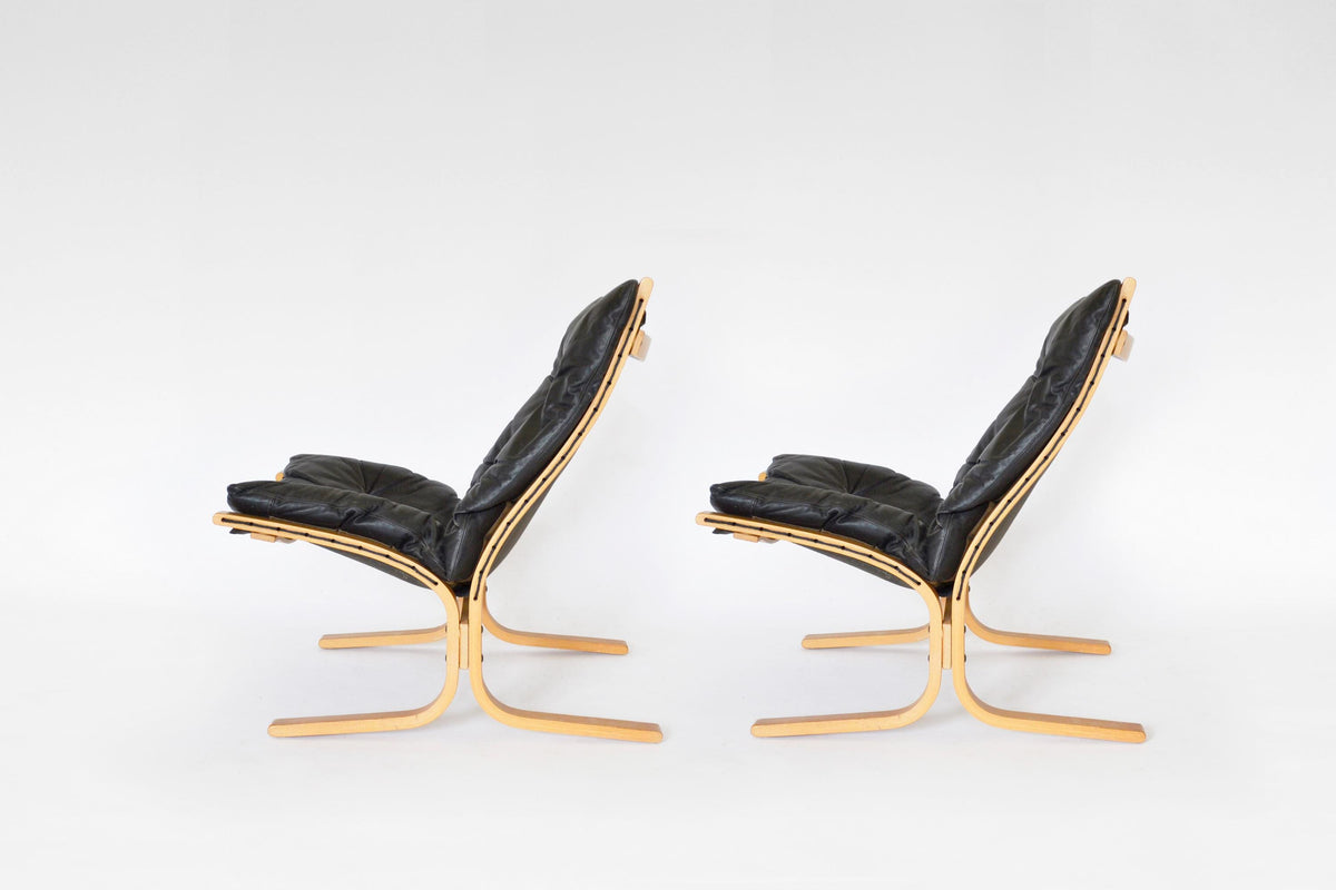 Siesta Lounge Chairs in Black Leather & Bent Plywood by Ingmar Relling for Westnofa 1970s, Set of 2