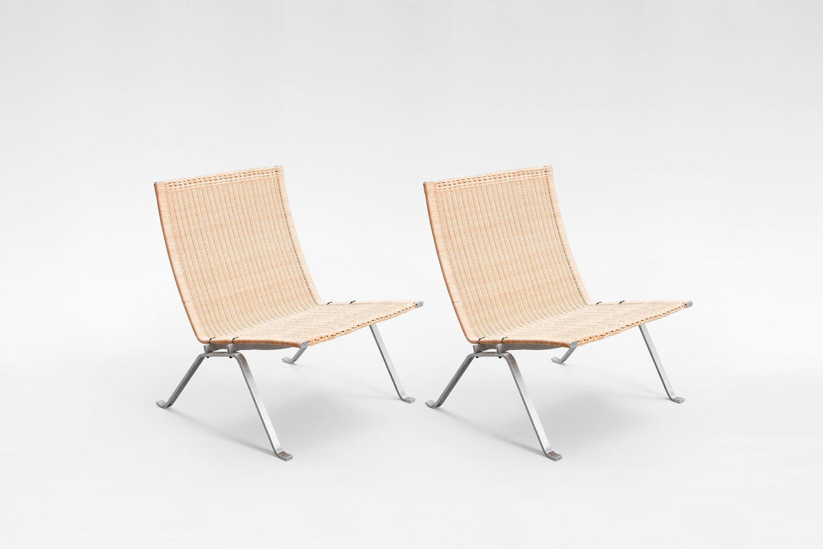 PK22 Lounge Chairs in Brushed Steel & Wicker by Poul Kjærholm for Fritz Hansen, 1950s, Set of 2