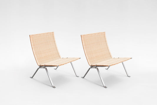 PK22 Lounge Chairs in Brushed Steel & Wicker by Poul Kjærholm for Fritz Hansen, 1950s, Set of 2