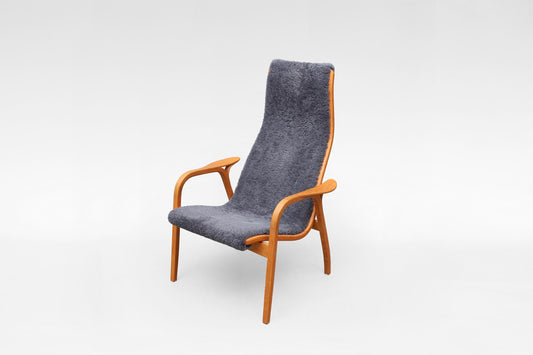 Lamino Lounge Chair in Grey Sheepskin & Laminated Beech by Yngve Ekström for Swedese, 1956