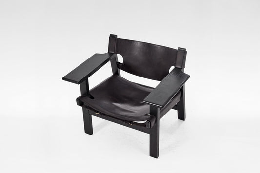 Spanish Chair in Black Saddle Leather & Oak by Børge Mogensen for Fredericia, 1958