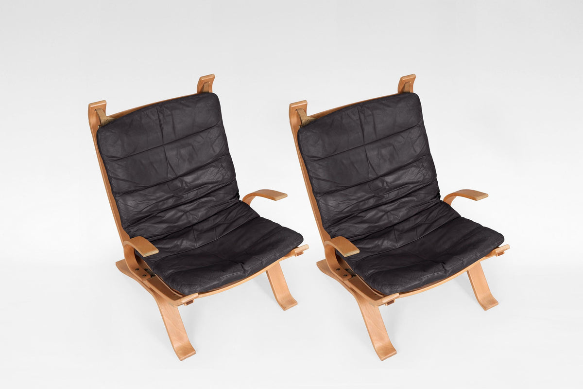 Focus Sling Lounge Chairs in Dark Brown Leather & Bent Plywood by Bramin Møbler, 1970s, Set of 2