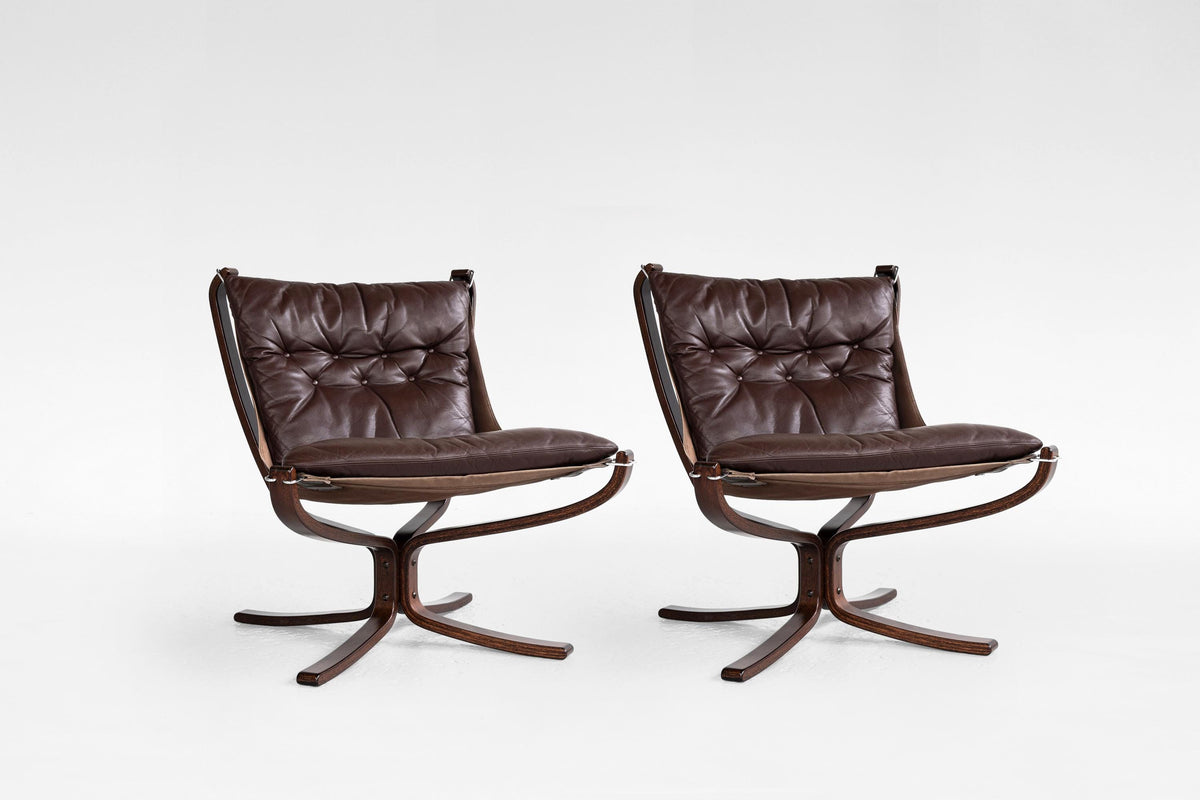 Falcon Lounge Chairs in Dark Brown Leather & Bentwood by Sigurd Ressell for Vatne Møbler, 1970s, Set of 2