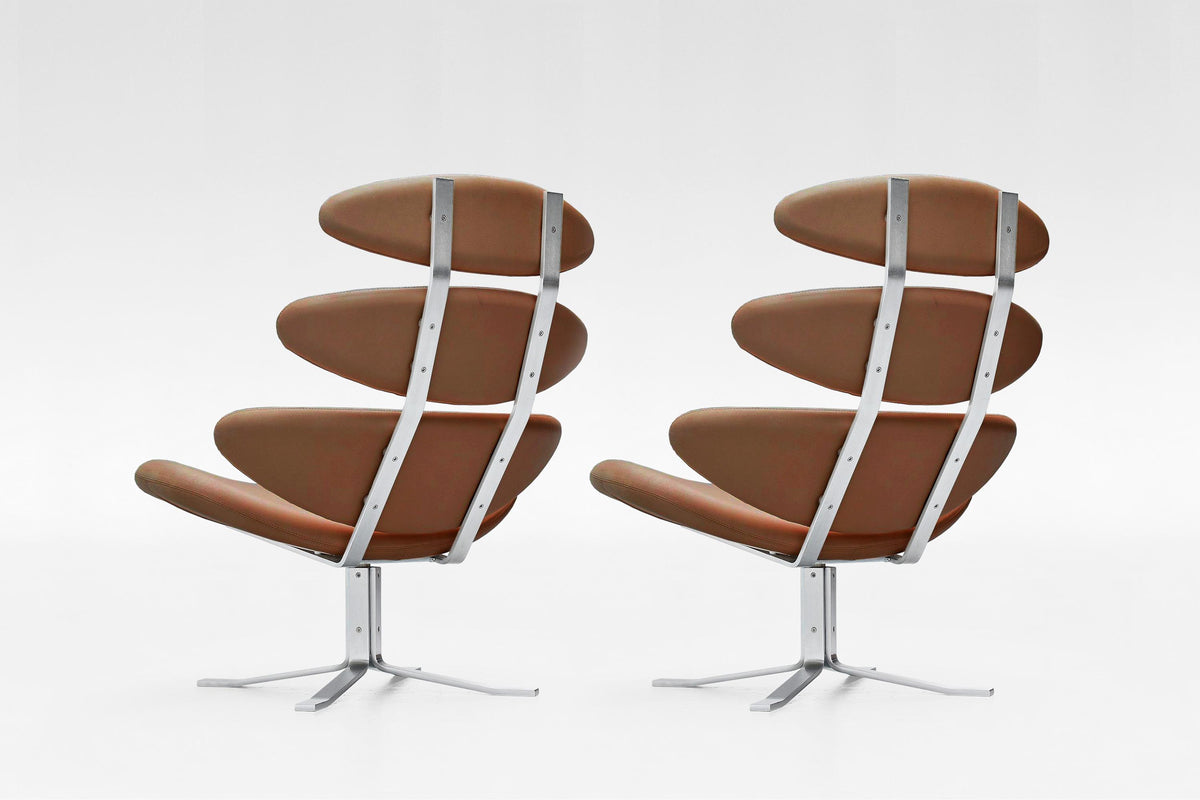 EJ5 Corona Lounge Chairs in Cognac Leather & Steel by Poul M. Volther for Erik Jørgensen, 1960s, Set of 2