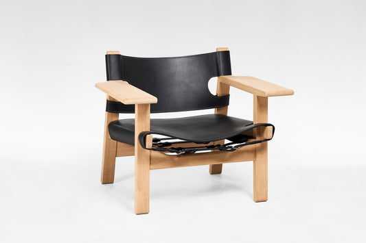 Spanish Chair in Oak & Black Leather by Børge Mogensen for Fredericia Stolefabrik, 1960s