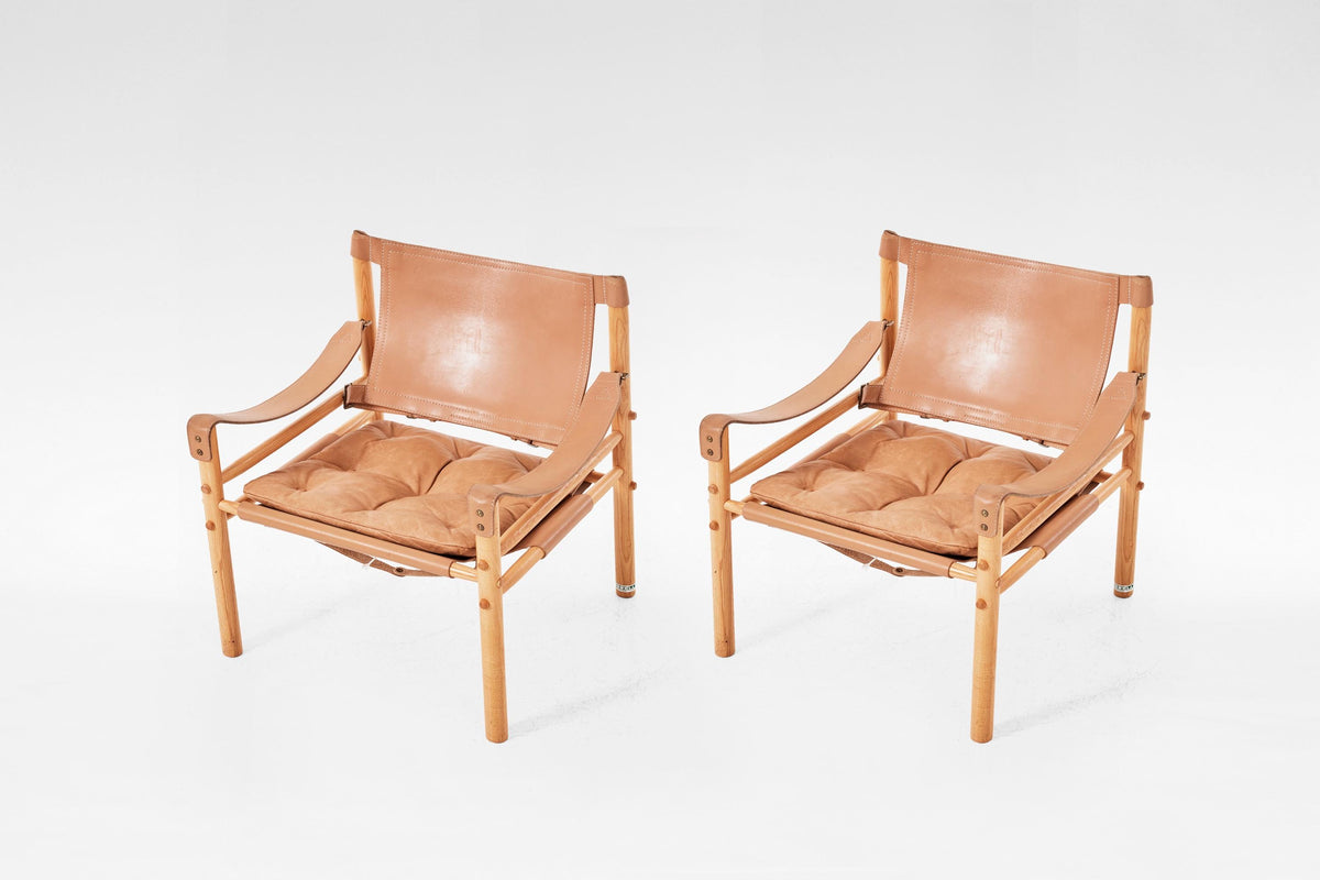 Scirocco Safari Lounge Chairs in Tan Leather & Ash by Arne Norell for Arne Norell AB, 1960s, Set of 2