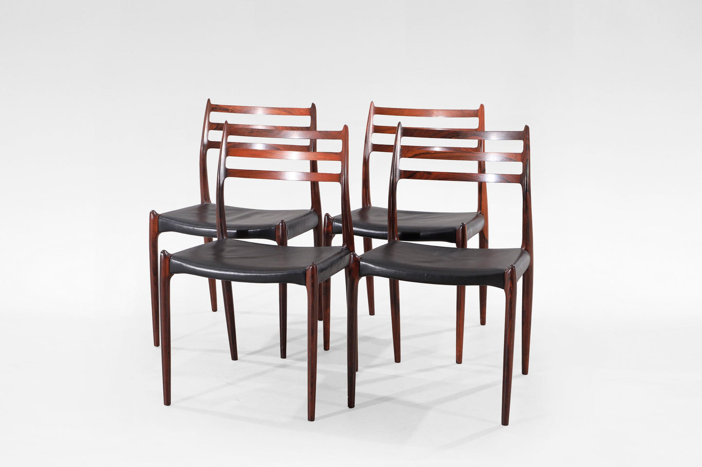 Vintage Rosewood Leather Niels Otto Møller Model 78 Dining Chairs J.L. Møller Mobelfabrik Denmark 1950s Set of 4  Mid Century Modern Design