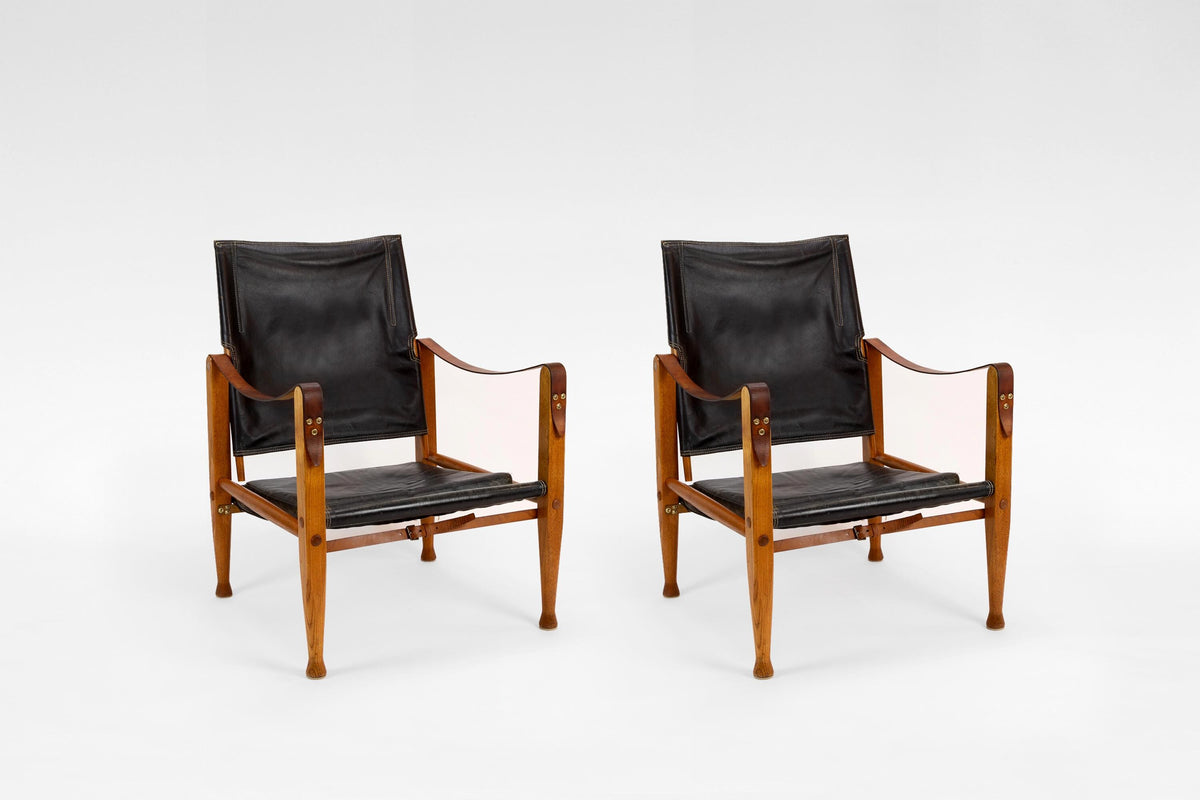 Safari Lounge Chairs in Black Leather & Ash Wood by Kaare Klint for Rud. Rasmussen, 1960s, Set of 2