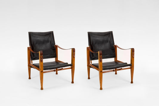 Safari Lounge Chairs in Black Leather & Ash Wood by Kaare Klint for Rud. Rasmussen, 1960s, Set of 2