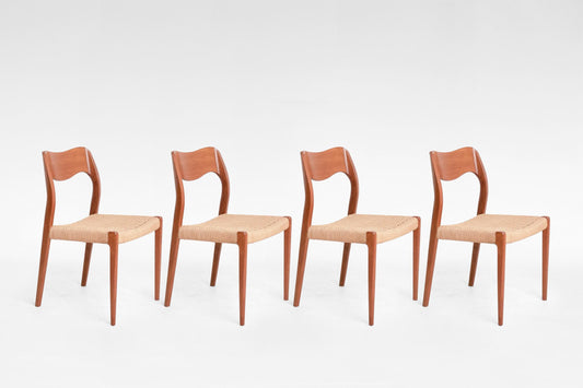 Model 71 Dining Chairs in Paper Cord & Teak by Niels Otto Møller for J.L. Møller Møbelfabrik, 1950s, Set of 4