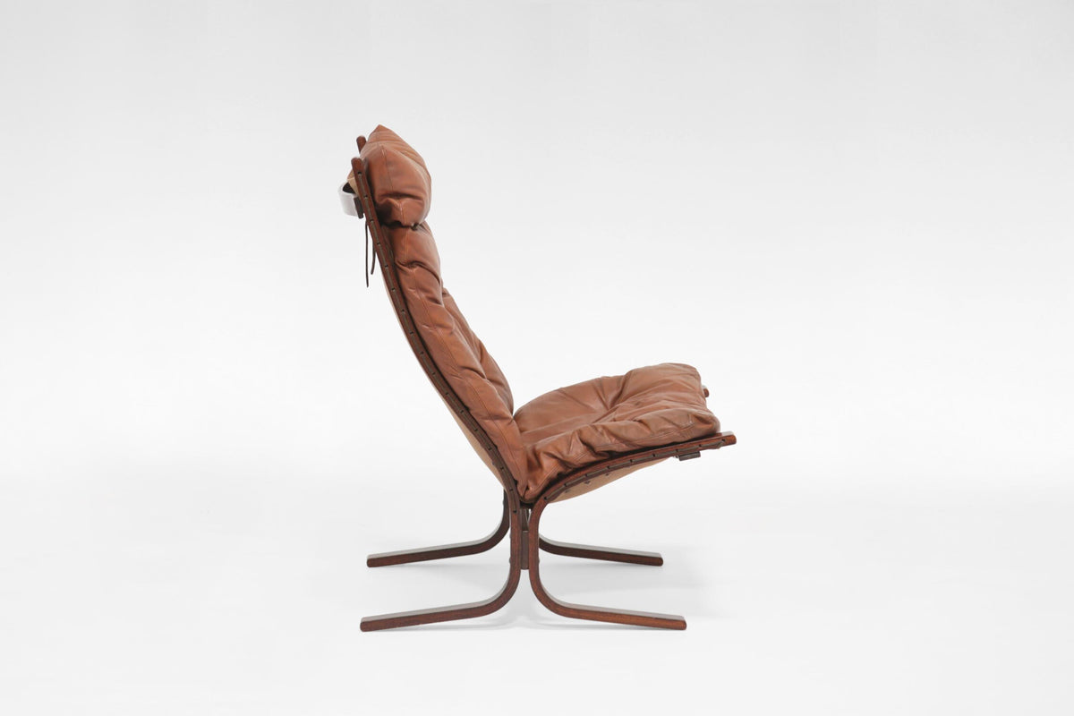 High-Back Siesta Lounge Chair in Cognac Leather & Plywood by Ingmar Relling for Westnofa, 1960s