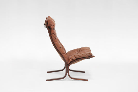 High-Back Siesta Lounge Chair in Cognac Leather & Plywood by Ingmar Relling for Westnofa, 1960s