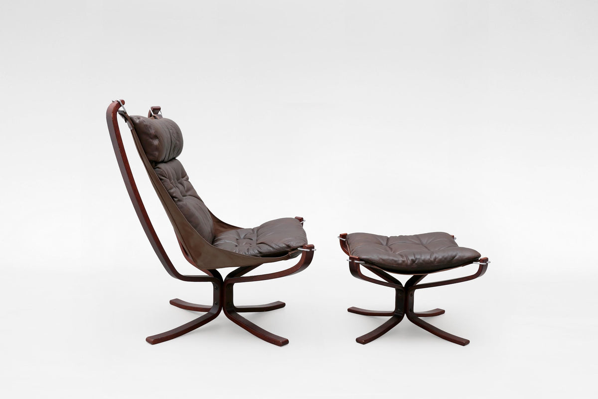 Falcon Lounge Chair & Ottoman in Dark Brown Leather by Sigurd Ressell for Vatne Møbler, 1970s, Set of 2