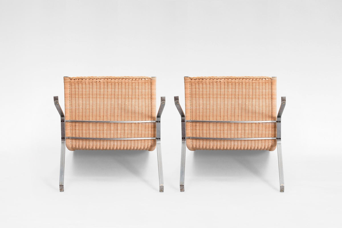 PK22 Lounge Chairs in Brushed Steel & Wicker by Poul Kjærholm for Fritz Hansen, 1950s, Set of 2