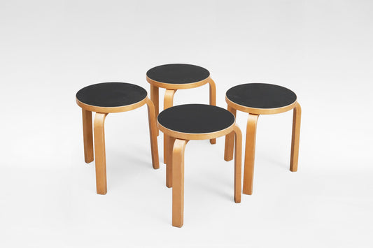 Model 60 Stools in Birch Plywood & Black Leather by Alvar Aalto for Artek, 1950s, Set of 4