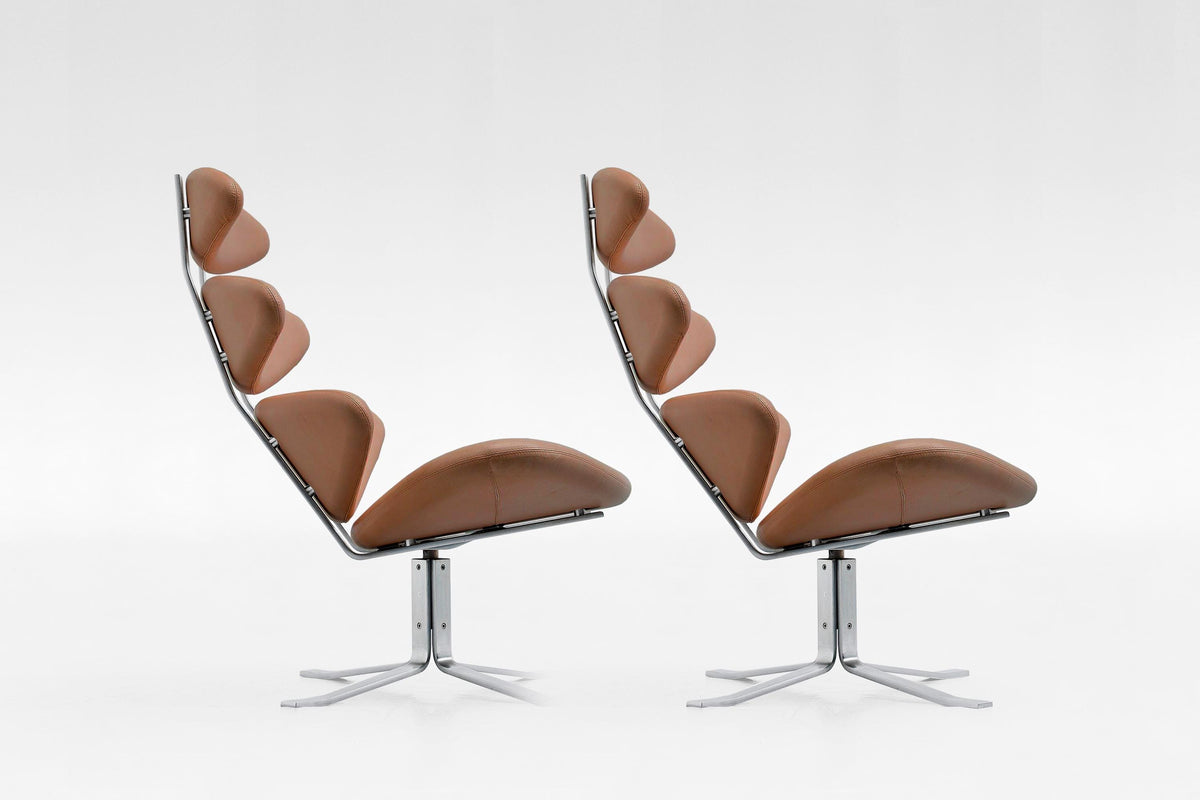 EJ5 Corona Lounge Chairs in Cognac Leather & Steel by Poul M. Volther for Erik Jørgensen, 1960s, Set of 2