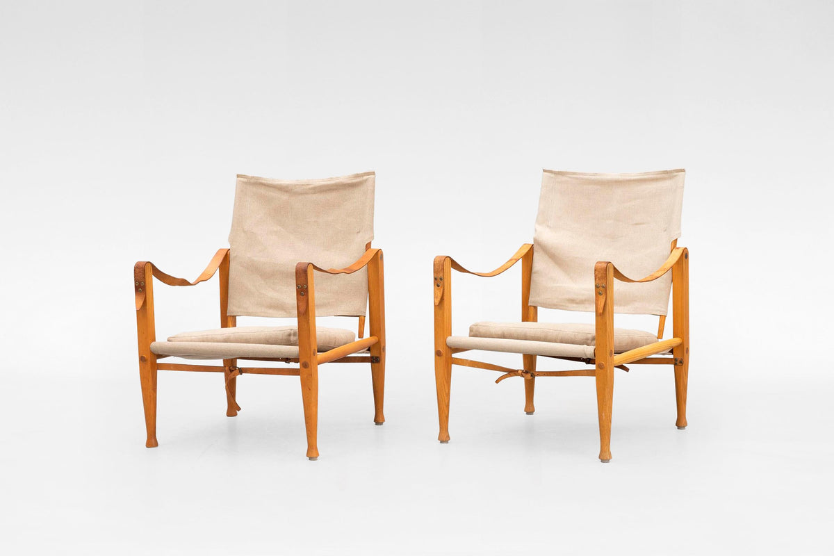 Safari Lounge Chairs in Off-White Canvas & Ash Wood by Kaare Klint for Rud. Rasmussen, 1960s, Set of 2