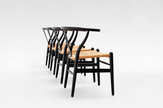 Vintage Black Wood Paper Cord Wishbone Dining Chairs Hans J. Wegner CH24 Carl Hansen & Søn Denmark 1950s Set of 4 Scandinavian Minimal Icon