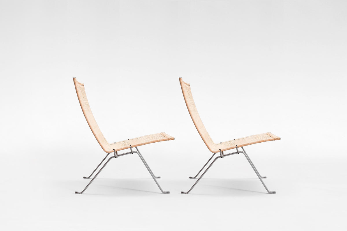 PK22 Lounge Chairs in Brushed Steel & Wicker by Poul Kjærholm for Fritz Hansen, 1950s, Set of 2