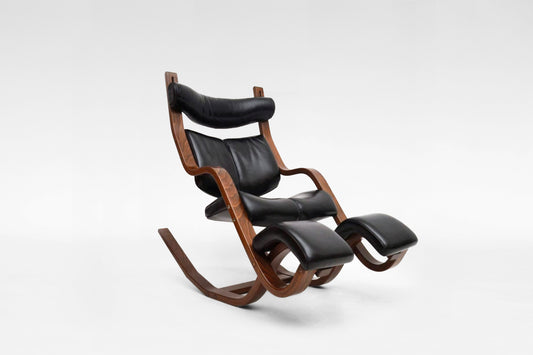 Gravity Balans Lounge Chair in Black Leather & Brown Plywood by Peter Opsvik for Varier, 1990s
