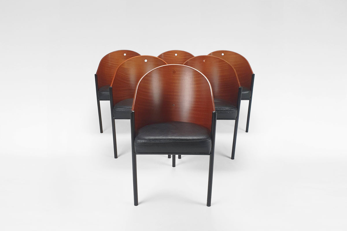 Costes Chairs in Black Leather, Mahogany & Steel by Philippe Starck for Aleph / Driade, 1980s, Set of 6