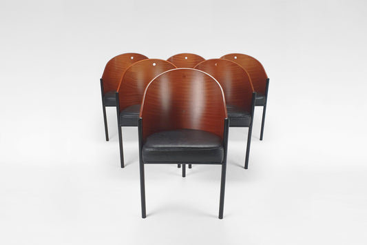 Costes Chairs in Black Leather, Mahogany & Steel by Philippe Starck for Aleph / Driade, 1980s, Set of 6