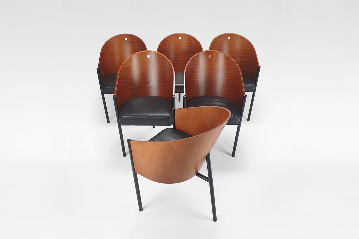 Costes Chairs in Black Leather, Mahogany & Steel by Philippe Starck for Aleph / Driade, 1980s, Set of 6