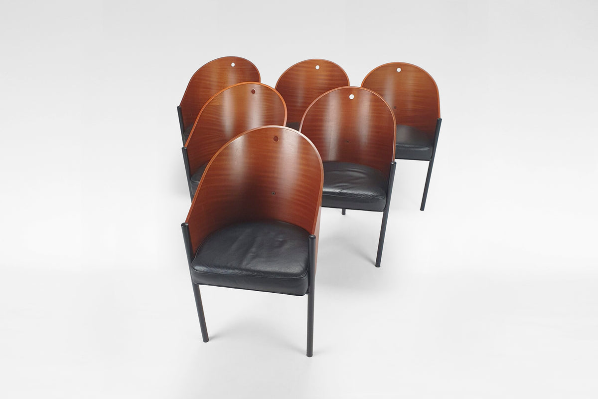Costes Chairs in Black Leather, Mahogany & Steel by Philippe Starck for Aleph / Driade, 1980s, Set of 6