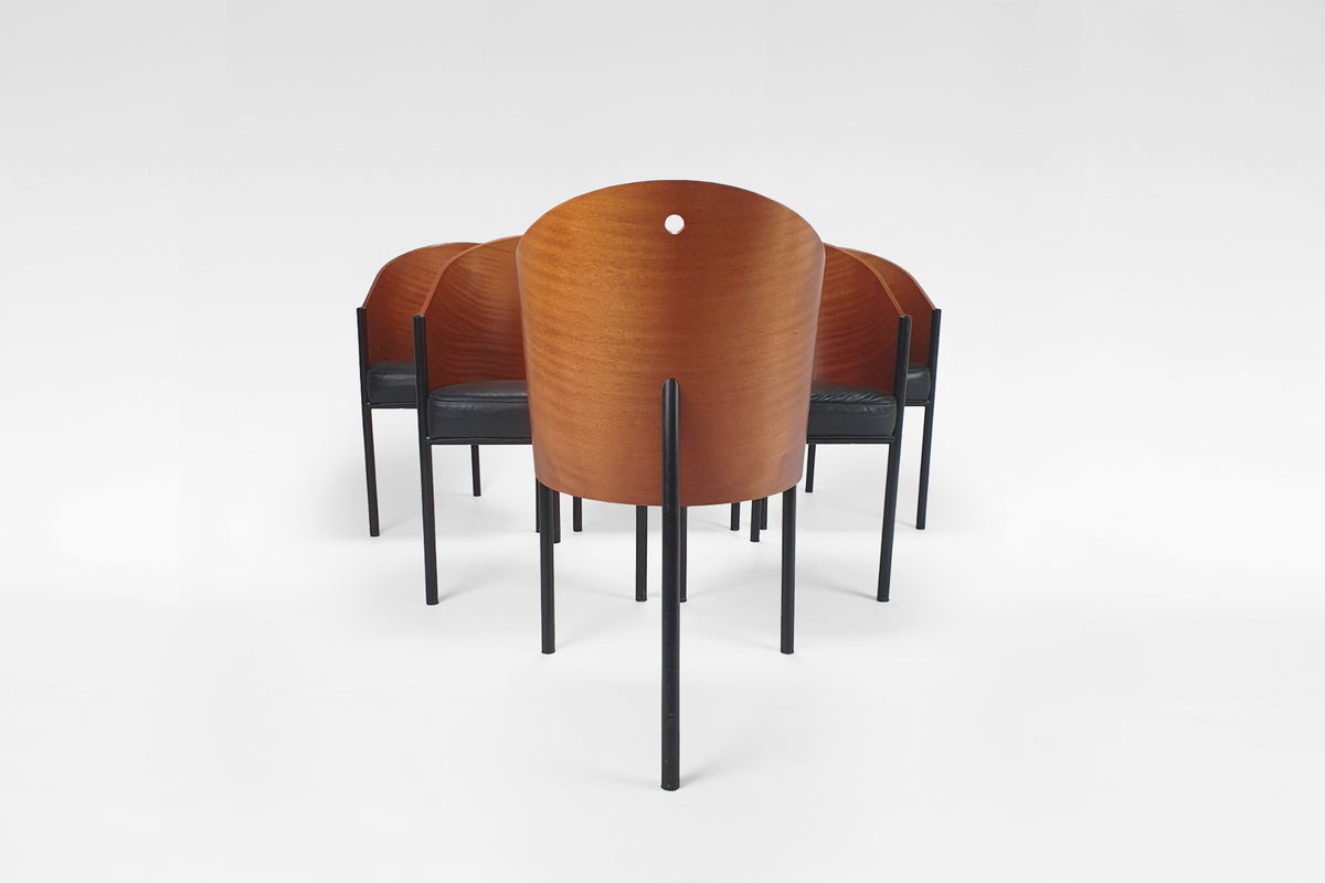 Costes Chairs in Black Leather, Mahogany & Steel by Philippe Starck for Aleph / Driade, 1980s, Set of 6