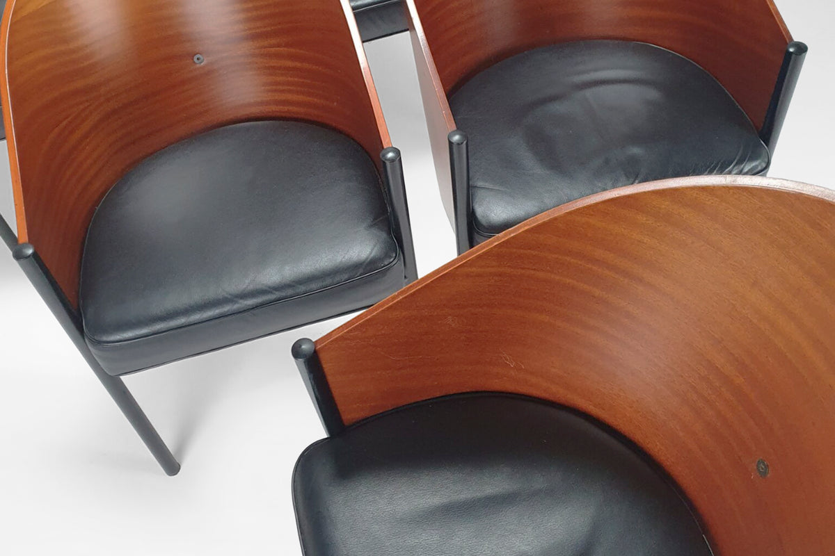 Costes Chairs in Black Leather, Mahogany & Steel by Philippe Starck for Aleph / Driade, 1980s, Set of 6